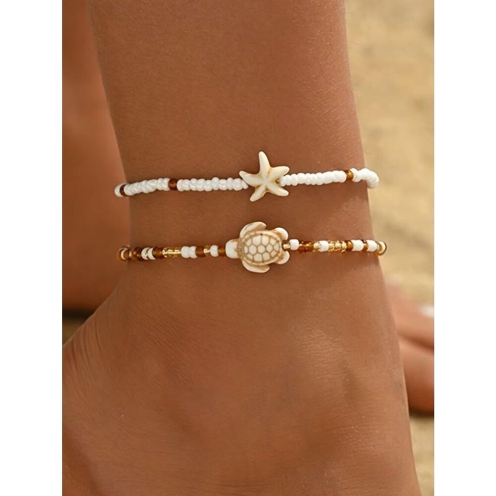 NWT Ocean Bohemian Anklet Bracelets Seed Bead Starfish Turtle Theme Glass Bead